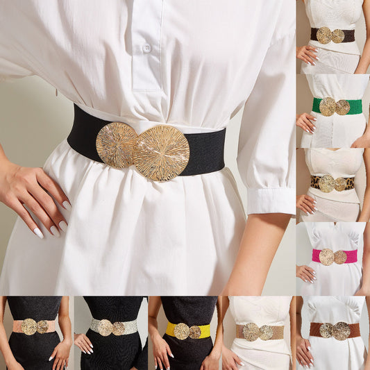 🎁Women's Vintage Gold Buckle High Elastic Belt