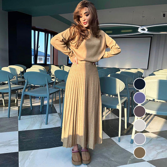 Women's Round-Neck Top & Pleated Skirt 2-Piece Set
