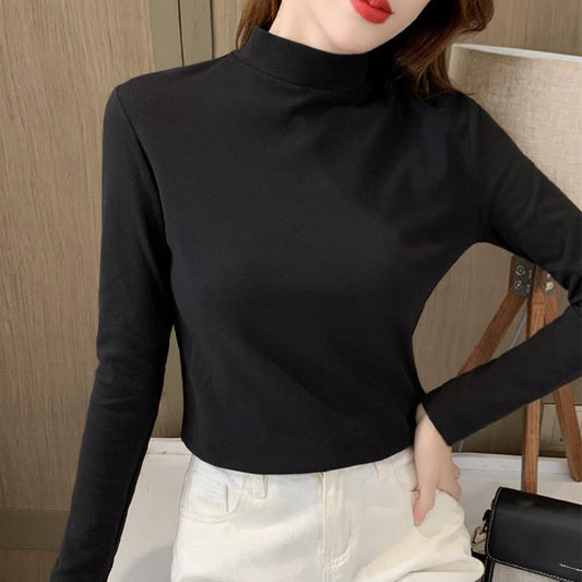 🔥50% OFF🔥Solid Color Half High Neck Long Sleeve Top
