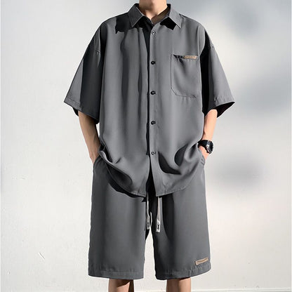 Men’s Cool Ice Silk Short Sleeve Shirt and Shorts 2-piece Set