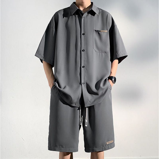 Men’s Cool Ice Silk Short Sleeve Shirt and Shorts 2-piece Set
