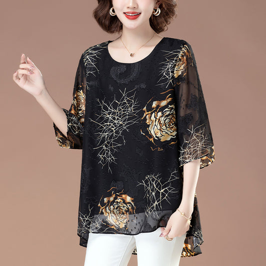 Elegant Round Neck Chiffon Floral Blouse