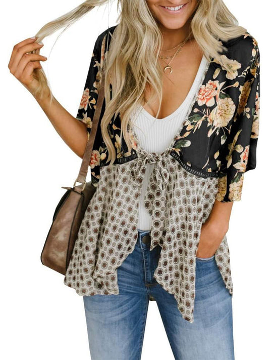🌸Women's Floral Kimono Ruffle Sleeve Tie Cardigans Flowy Boho Loose Cover Ups
