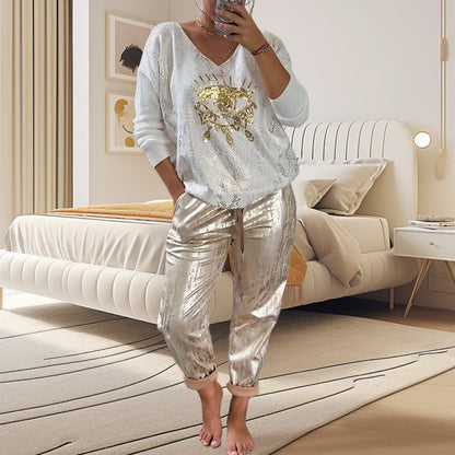 Devil's Eye Gold Foil Top and Sequin Pants Set