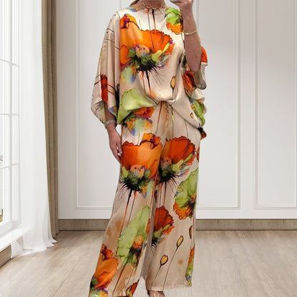 Stylish Watercolor Floral Print Loose 2-Piece Suit