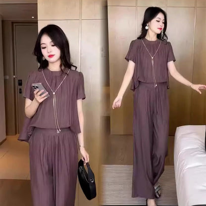 Elegant Solid Color Top Loose Pants 2-Piece Set