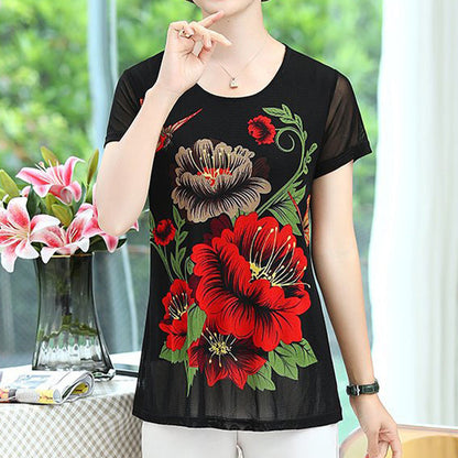 Women's Elegant Chiffon Short Sleeve Floral Print T-Shirt