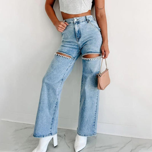 🎉Hot Sale🎉Women’s Rhinestone Ripped Straight-leg Jeans