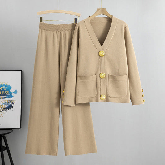 🎅Christmas Hot Sale🔥Gold Button Knit Cardigan Sweater Wide Leg Pants Set