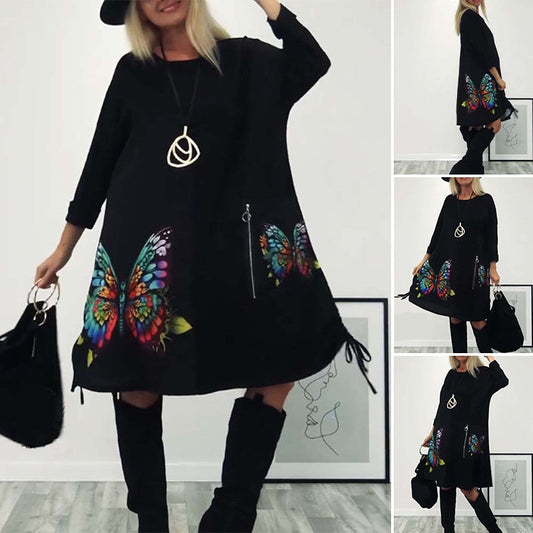 🎉Hot Sale🎉Women's Loose Butterfly Print Round Neck Dress