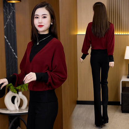 🔥Last Day 50% OFF🔥Women's Half-High Neck Patchwork Long Sleeve Top