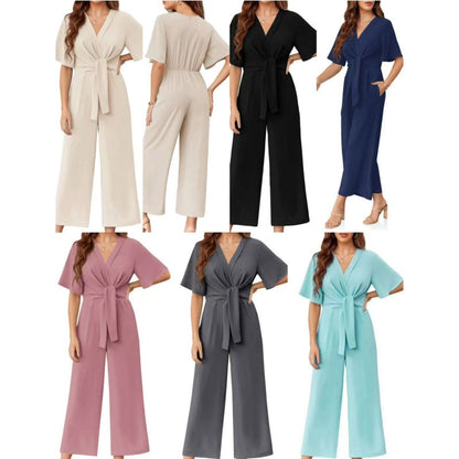 💖LAST DAY SALE 50% OFF✈️Women's Elegant V-Neck Wide Leg Waist Tie Jumpsuit