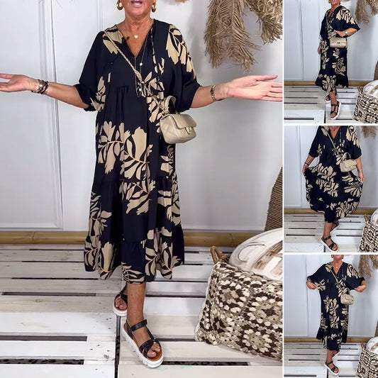 Women's Loose Printed V-Neck Dress