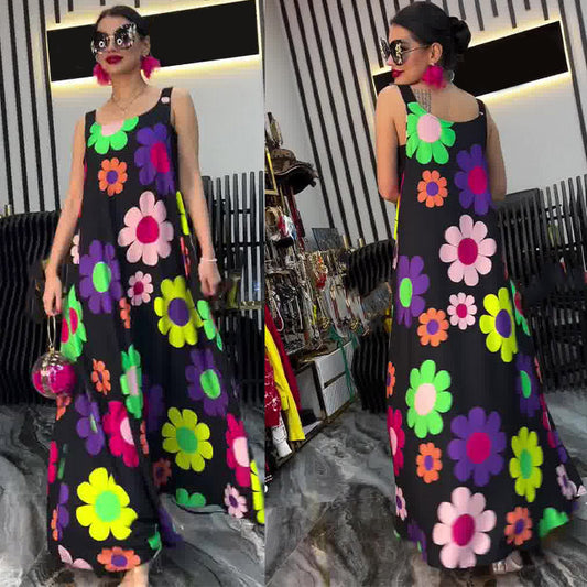 Floral Printed Loose Sleeveless Ankle-Length Dress