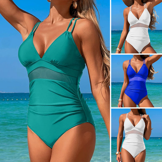 Women's Solid Mesh V-Neck One-Piece Swimsuit