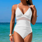 Women's Solid Mesh V-Neck One-Piece Swimsuit