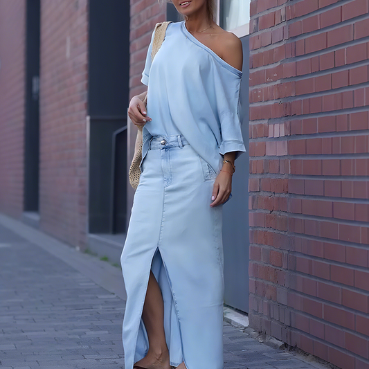 ⏳Time-Limited Special⏰Women's Diagonal Shoulder Top with Split Denim Long Skirt