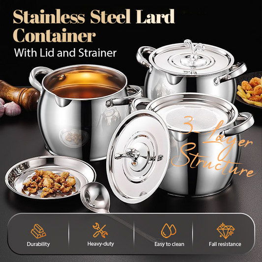Stainless Steel Lard Container with Lid and Strainer