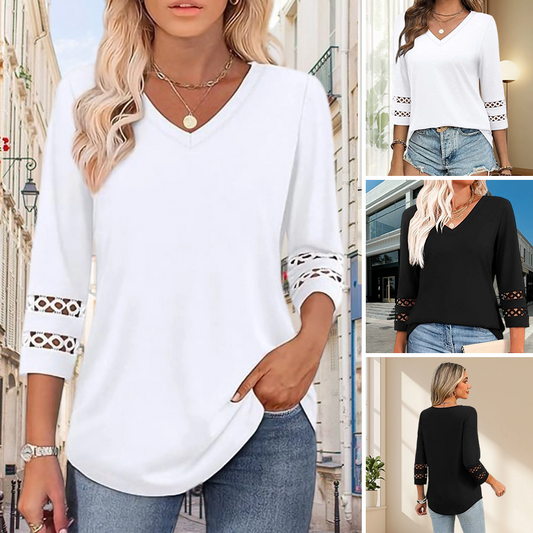 ✨2025 New Style👚Women’s Solid Casual V-Neck Top with 3/4 Sleeves