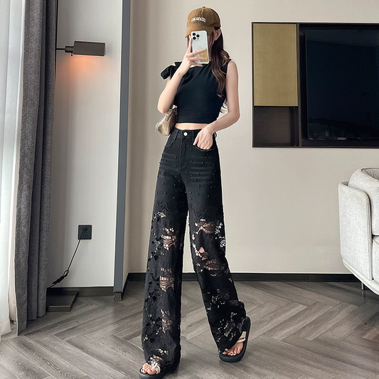 📢60% OFF!!!🔥Women’s Spliced Hot Rhinestones Printing Hollow Pants