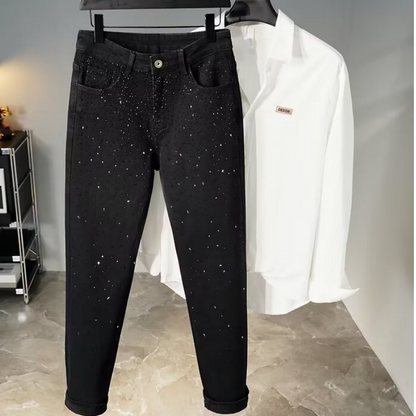 Rhinestone Embellished Slim-Fit Black Denim Jeans