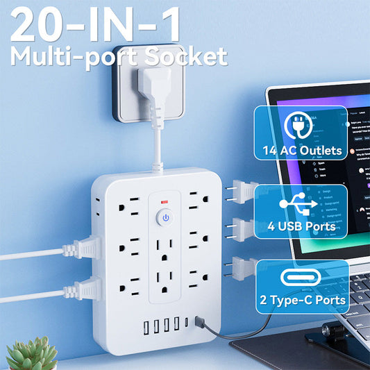 🎁 Hot Sale – 50% OFF! ⚡ 20-in-1 Power Strip with Overload Protection – 14 AC + 4 USB + 2 Type-C Ports, Wall-Mountable & Space-Saving! 🔌💻