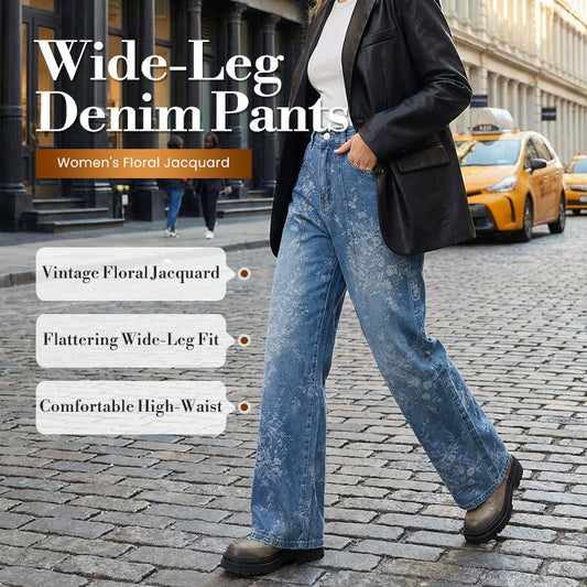 Women's Floral Jacquard Wide-Leg Denim Pants