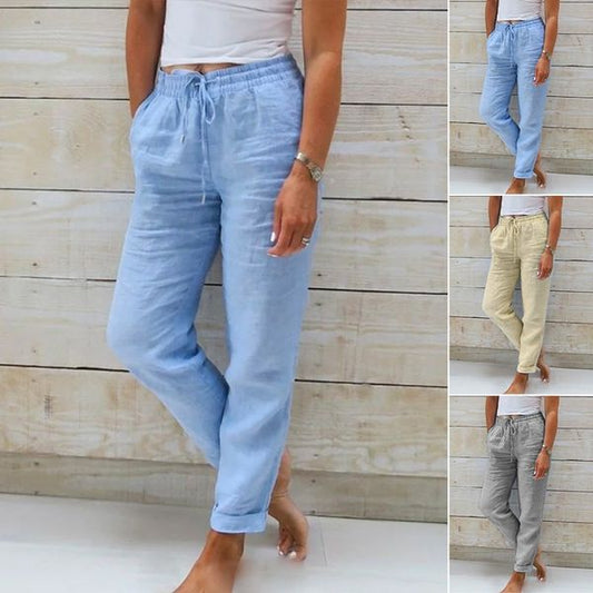 Women's  Elastic Waist Cotton Linen Wide Leg Pants