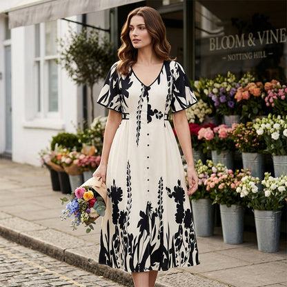 Elegant V-Neck Botanical Print Midi Dress