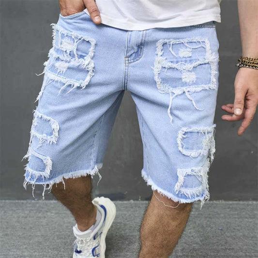 Men's Ripped Denim Shorts with Frayed Details