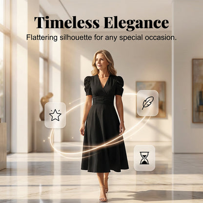 Elegant V-Neck High Waist Dress with Puff Sleeve