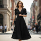 Elegant V-Neck High Waist Dress with Puff Sleeve