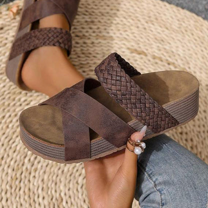 Women's Wedge Sandals – Criss-Cross Strap, Slip-On, Comfortable