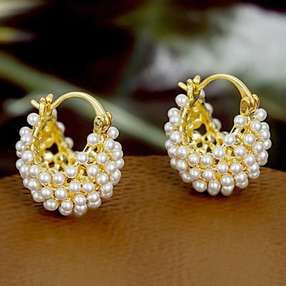 💍 LIMITED-TIME 60% OFF! ✨ Faux Pearl Basket Hoop Earrings – Gold Tone, Unique Weave, Classic Elegance 🪀