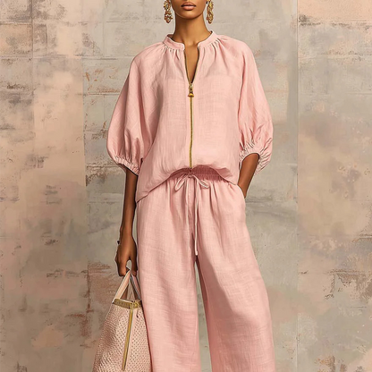 Women's Solid 2-Piece Tracksuit Set with Puff Sleeves & Wide-Leg Pants