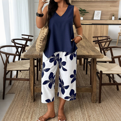 📢📢40% OFF !! ⏰Women's Asymmetrical Top & Floral Capri Pants Set