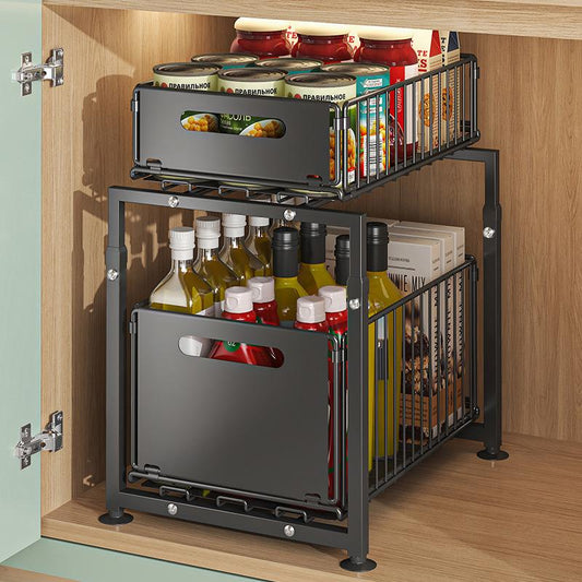 💪🥫Double-Tier Pull-Out Shelf Cabinet Organiser – 5 Height Adjustments, 2 Pull-Out Tiers, Carbon Steel & Large Capacity – No Assembly Required ✨