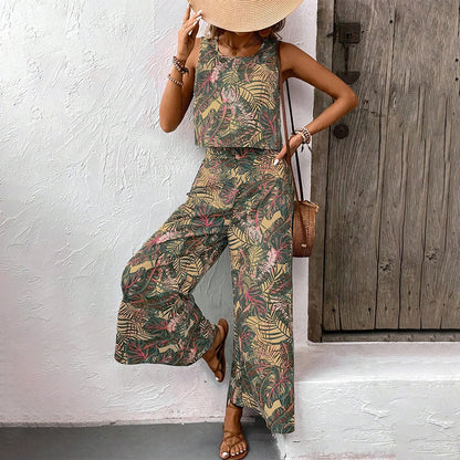 👗 50% OFF NOW!🌴 Printed Two-Piece Set – Sleeveless Top & Wide-Leg Pants – Resort Essential ✨