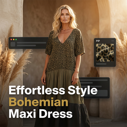 📢📢40% OFF !! ⏰ Bohemian Leopard Maxi Dress – V-Neck, Tiered, Flowy Resort Style