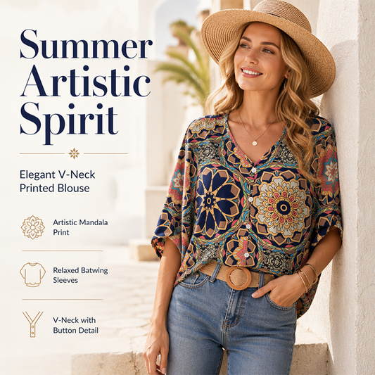 📢📢40% OFF !! ⏰Women's V-Neck Bohemian Print Blouse Summer Loose Fit Shirt