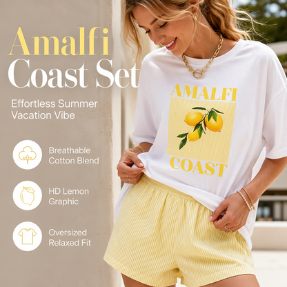 📢📢40% OFF !! ⏰Women Summer Lemon Graphic T-Shirt and Striped Shorts Set