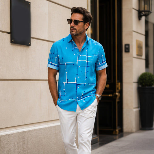 📢📢50% OFF !! ⏰ Men’s Geometric Print Relaxed-Fit Button-Down Shirt