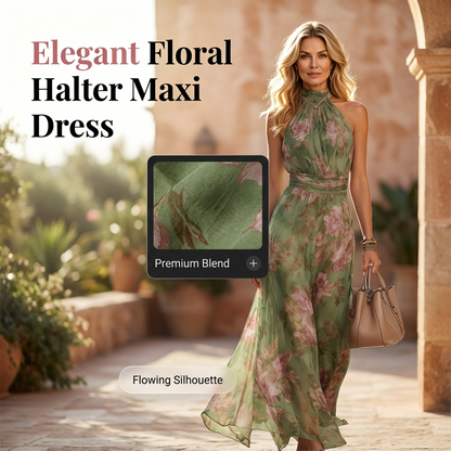 📢50% OFF !!⏰Elegant Floral Print Halter Neck Maxi Dress