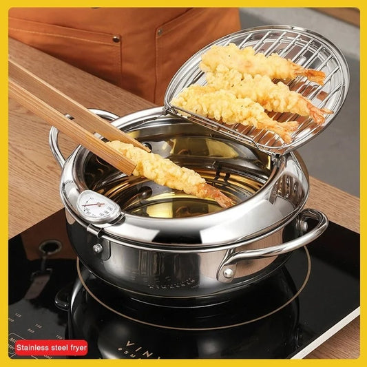 📢📢40% OFF !! ⏰ 304 Stainless Steel Japanese Tempura Fryer Pot – Mini Deep Frying Pan with Thermometer & Oil Drain Rack